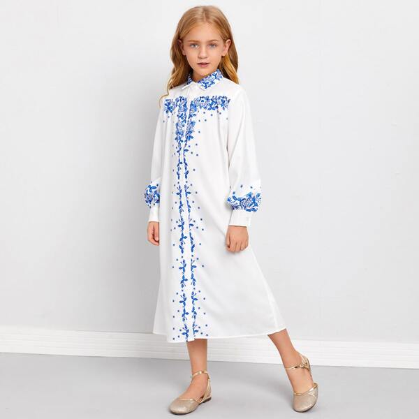 

Girls Lantern Sleeve Floral Print Shirt Dress, White