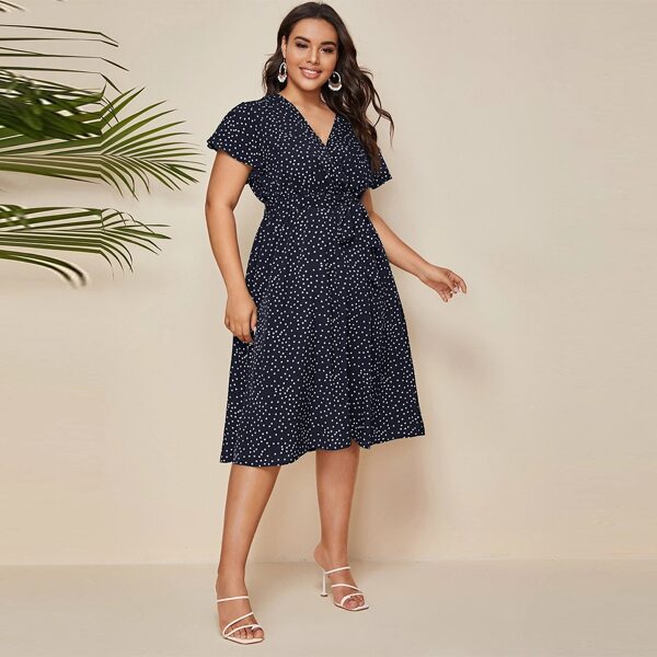 

Plus Polka Dot Butterfly Sleeve Belted Dress, Navy blue