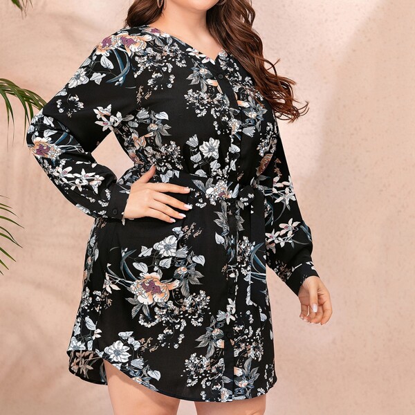 

Plus Floral Print V-neck Belted Dress, Black