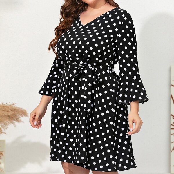 

Plus Polka Dot Flounce Sleeve Belted Dress, Black