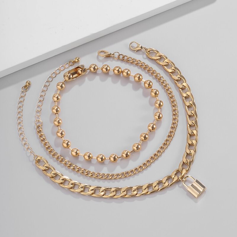 

3pcs Guys Lock Decor Chain Bracelet, Gold
