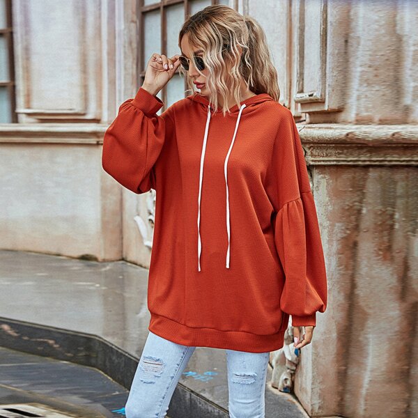 

Solid Drop Shoulder Drawstring Oversized Hoodie, Burnt orange