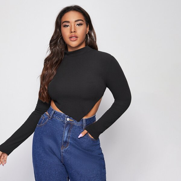 

Plus Mock Neck Tied Backless Hanky Hem Tee, Black