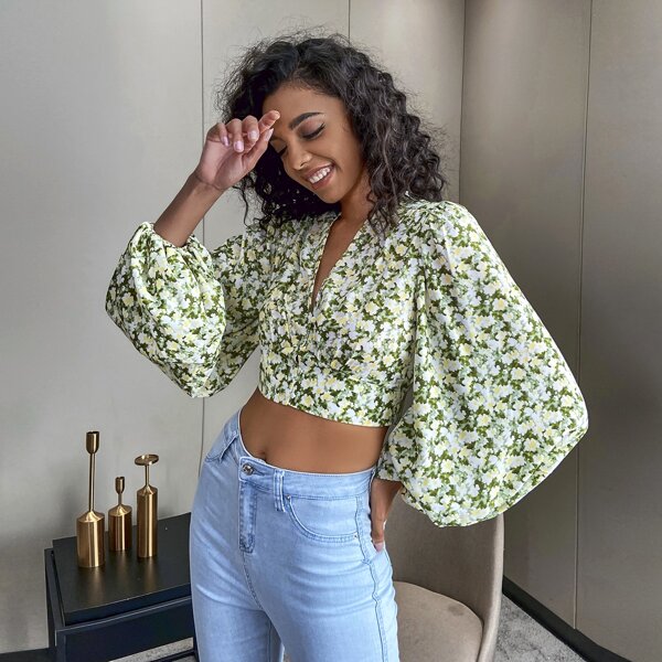 

Lantern Sleeve Floral Print Blouse, Multicolor