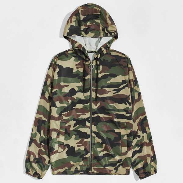 

Men Zipper Placket Drawstring Hooded Camo Wind Jacket, Multicolor