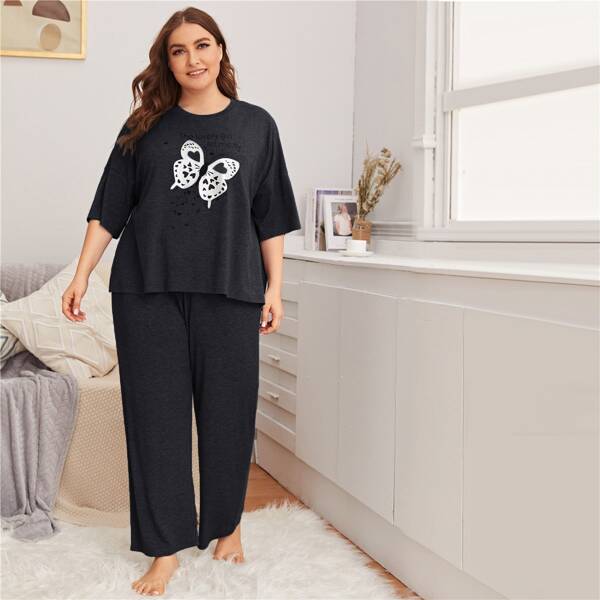

Plus Slogan and Butterfly Print Top & Pants PJ Set, Black