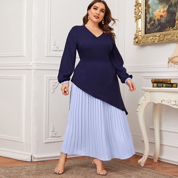 

Plus Pleated Hem Two Tone Dress, Multicolor