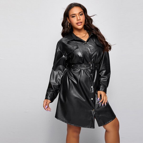 

Plus Button Front Belted PU Leather Shirt Dress, Black