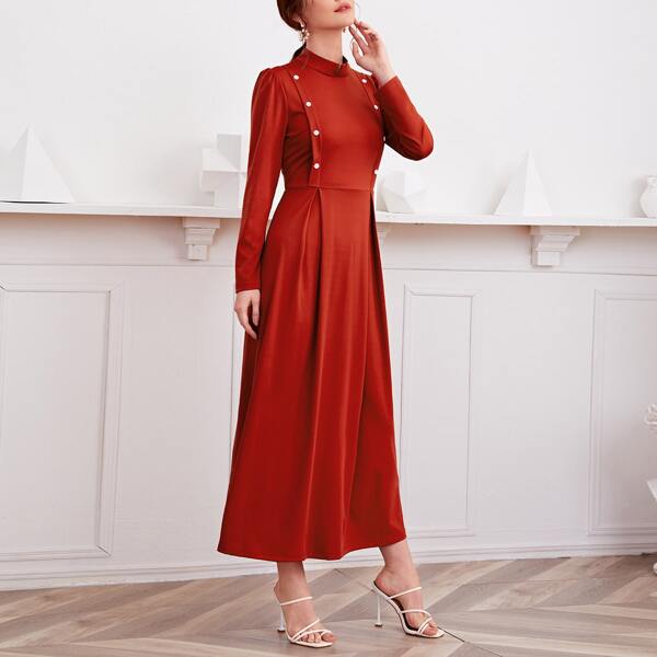 

Mock Neck Puff Sleeve A-line Dress, Red