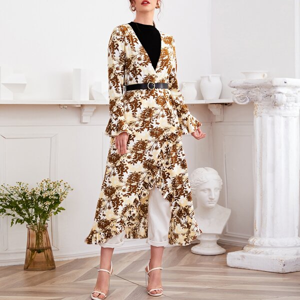 

Allover Plants Print Ruffle Hem Coat Without Belted, Multicolor