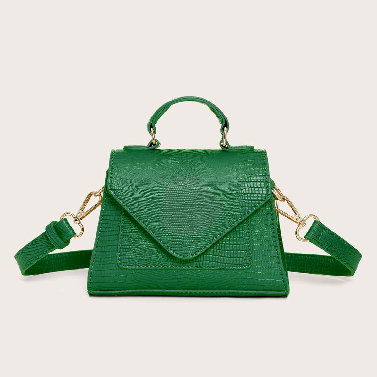 

Lizard Embossed Flap Satchel Bag, Green