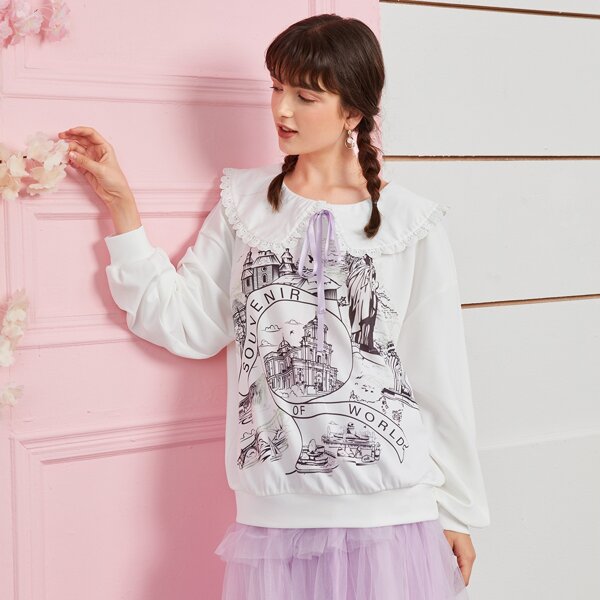 

Drop Shoulder Sailor Collar Letter Graphic Pullover, White