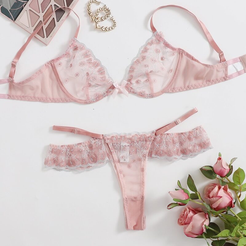 

Embroidered Mesh Underwire Lingerie Set, Pastel baby pink