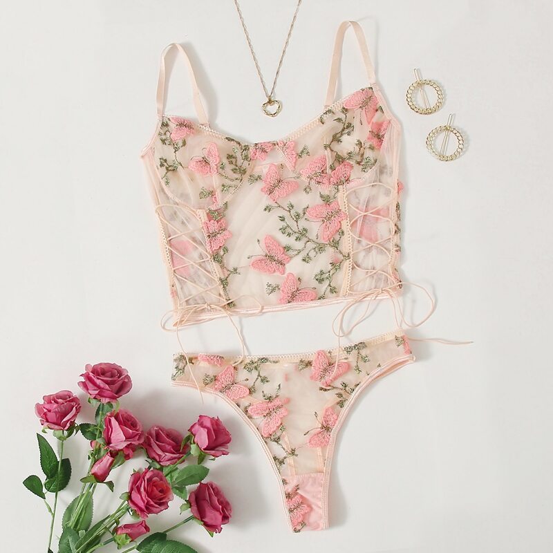 

Embroidered Butterfly Print Mesh Lingerie Set, Pastel baby pink