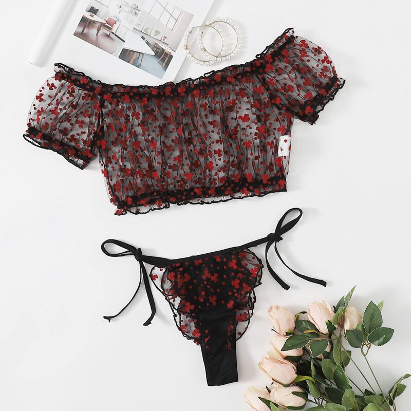 

Clover Print Sheer Mesh Bardot Lingerie Set, Multicolor