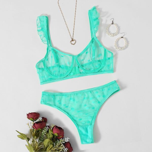 

Ruffle Trim Mesh Underwire Lingerie Set, Mint green