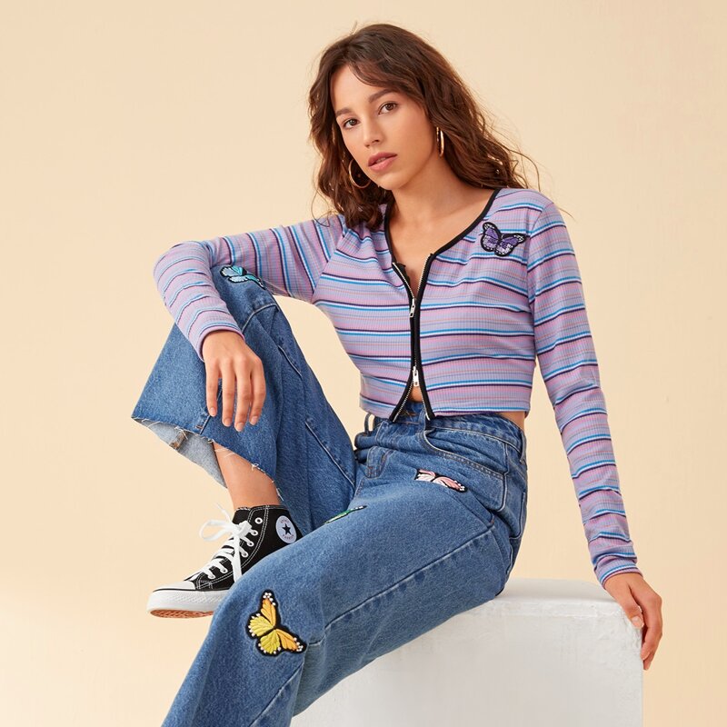

Butterfly Embroidery Zip Striped Top, Multicolor