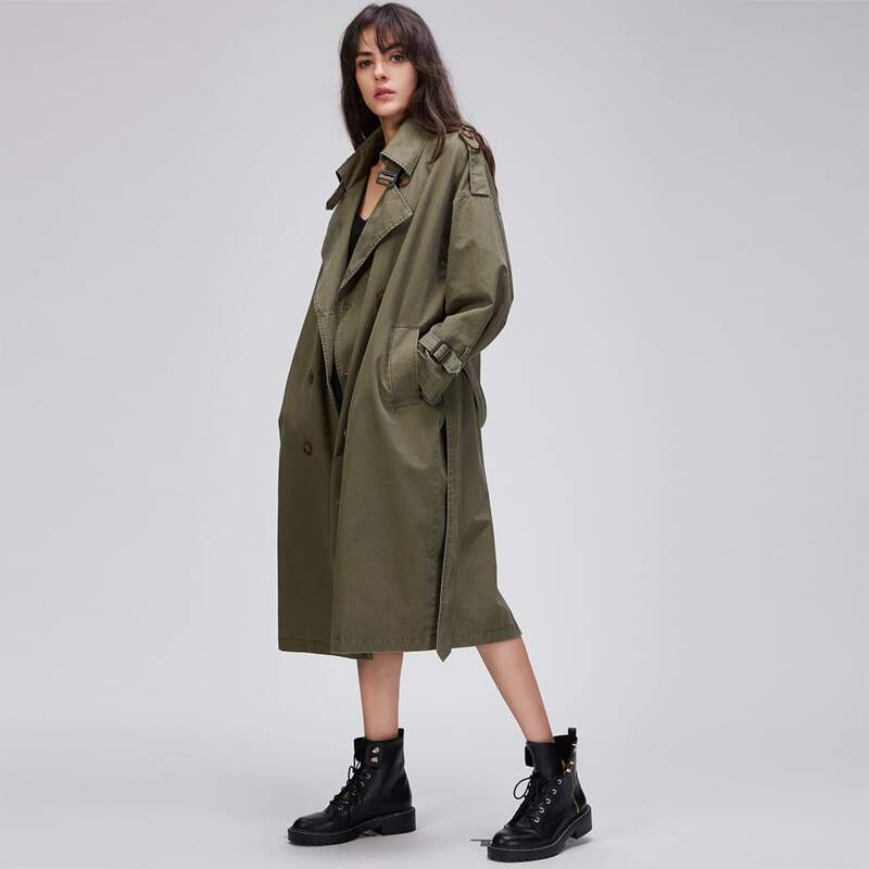 

Double Button Belted Trench Coat, Army green