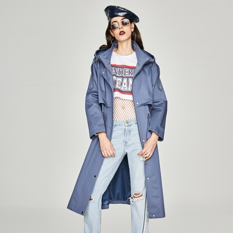 

Button Front Drawstring Waist Hooded Trench Coat, Blue