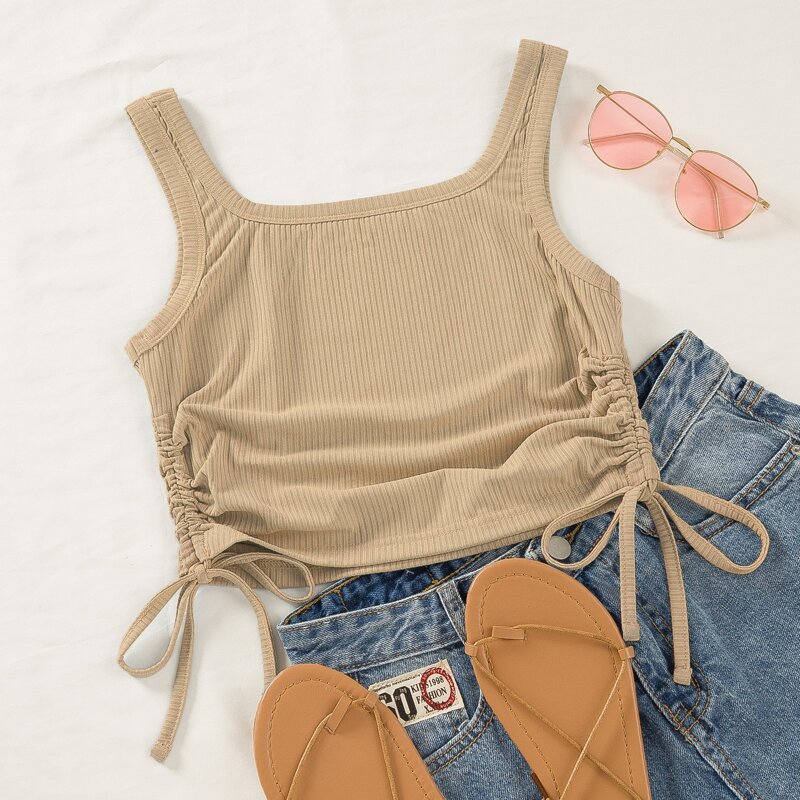 

Side Drawstring Crop Tank Top, Khaki