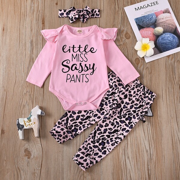 

Baby Girl Slogan Graphic Bodysuit & Leopard Sweatpants & Headband, Multicolor