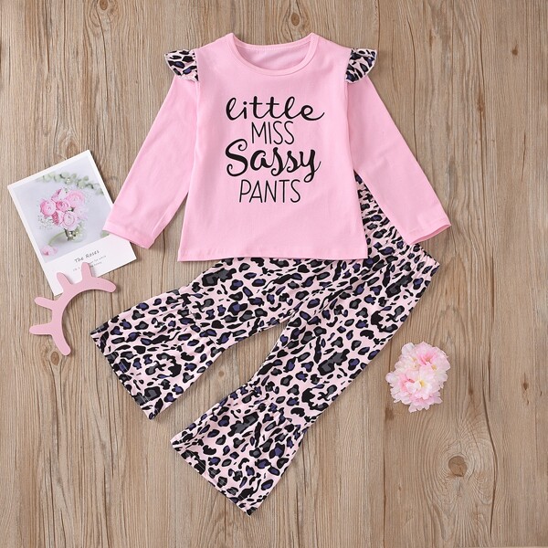 

Toddler Girls Slogan Graphic Tee & Leopard Flare Leg Pants, Multicolor