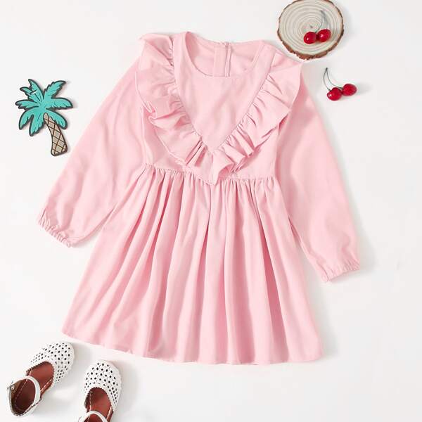 

Toddler Girls Ruffle Front Bishop Sleeve A-line Dress, Baby pink