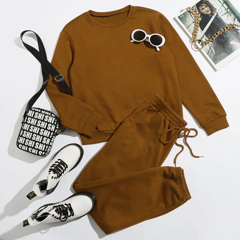 

Solid Pullover & Drawstring Waist Sweatpants Set, Brown