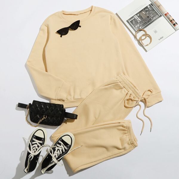 

Solid Pullover & Drawstring Waist Sweatpants Set, Khaki