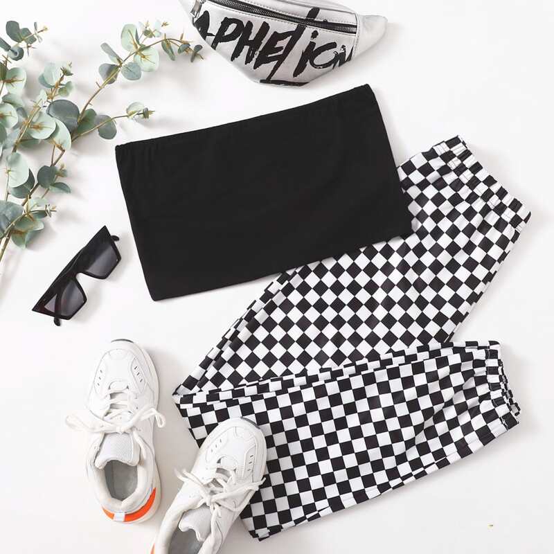 

Crop Tube Top & Checkerboard Pants, Black and white