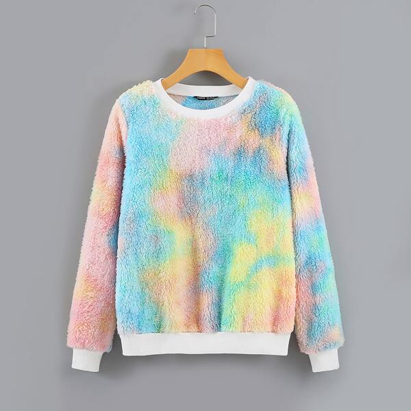 

Tie Dye Contrast Trim Teddy Sweatshirt, Multicolor