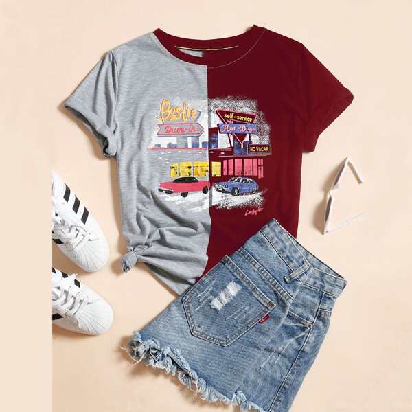 

Letter And Graphic Print Spliced Tee, Multicolor