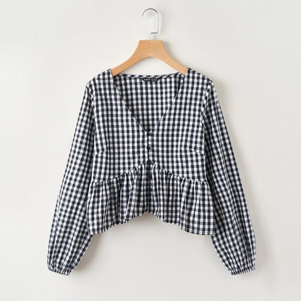 

Gingham Button Front Peplum Blouse, Black and white