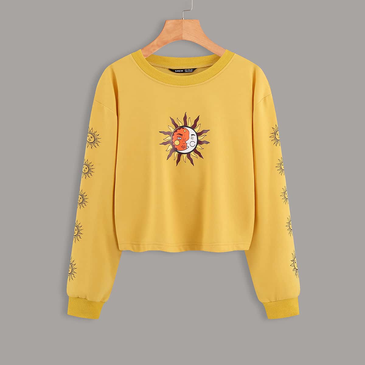 

Sun And Moon Print Drop Shoulder Sweatshirt, Yellow