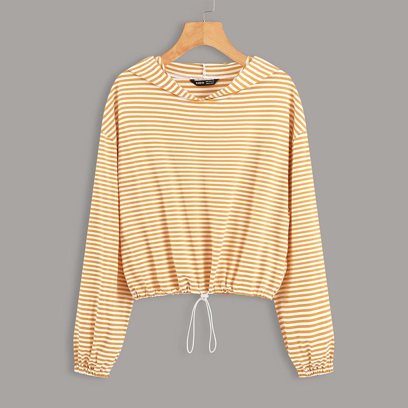 

Striped Print Drawstring Hem Drop Shoulder Hoodie, Multicolor