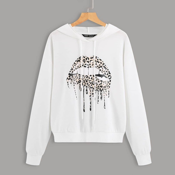 

Lip And Leopard Print Drawstring Hoodie, White