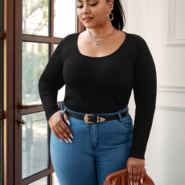 

Plus Scoop Neck Rib-knit Sweater, Black