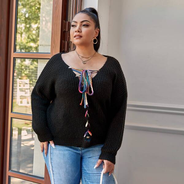 

Plus Drop Shoulder Lace Up Knot Sweater, Black
