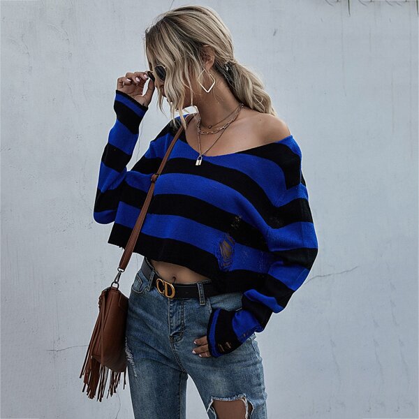 

V-neck Striped Ripped Crop Sweater, Multicolor