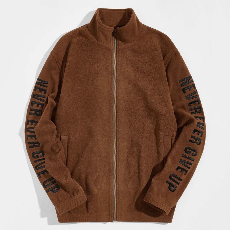 

Guys Embroidery Slogan Zipper Front Jacket, Coffee brown