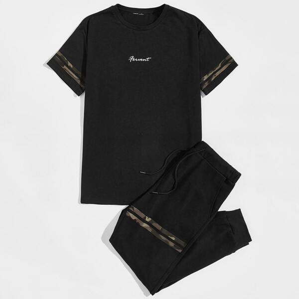 

Men Camo Striped Tee & Drawstring Pants Set, Black