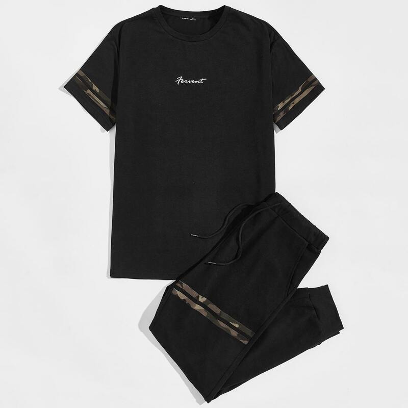 

Guys Camo Striped Tee & Drawstring Pants Set, Black