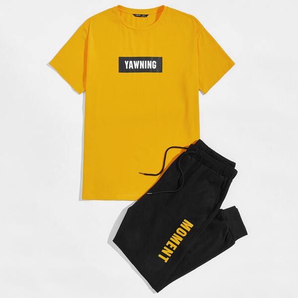 

Men Letter Graphic Tee & Slant Pocket Sweatpants Set, Multicolor
