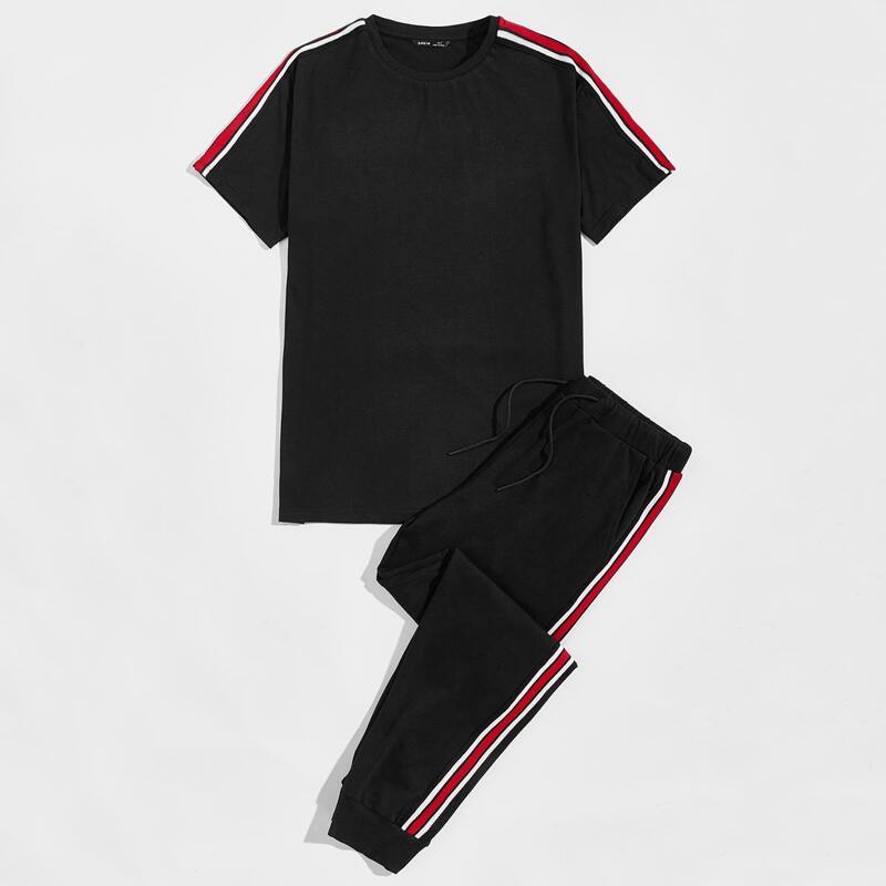 

Guys Side Stripe Tee & Drawstring Pants Set, Black
