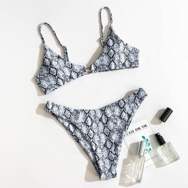 

Snakeskin Print Bikini Swimsuit, Black and white