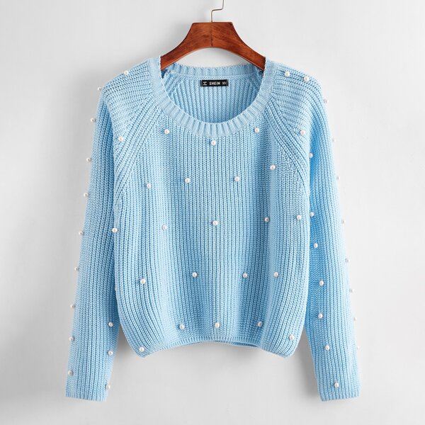 

Raglan Sleeve Pearl Beaded Sweater, Baby blue