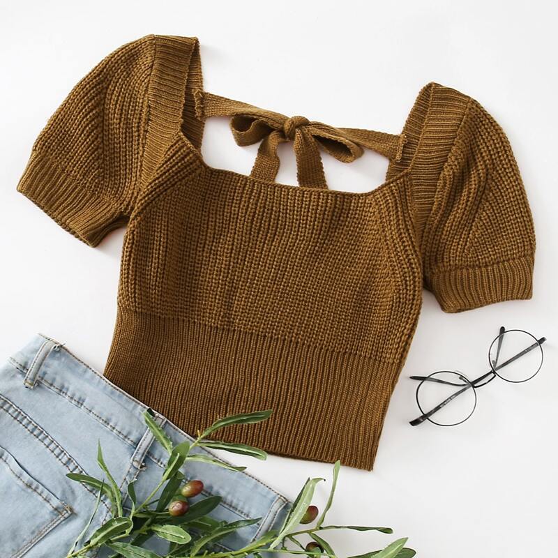 

Tie Back Puff Sleeve Crop Knit Top, Brown