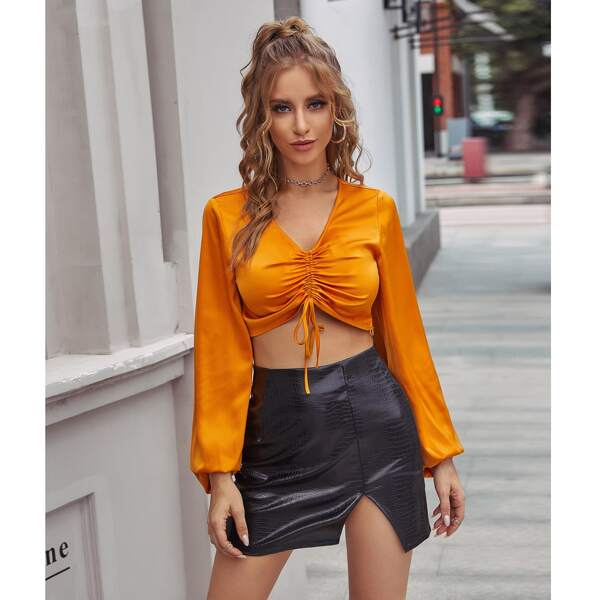 

Solid Drawstring Front Crop Blouse, Orange