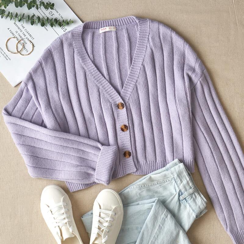 

Button Front Ribbed Knit Cardigan, Lilac purple