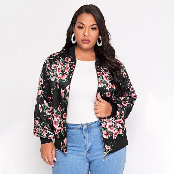 

Plus Floral Print Bomber Jacket, Multicolor